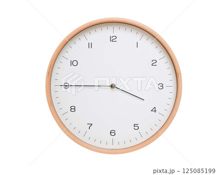 Minimal wall clock with light wood frame and white face displaying 03:45 or 15:45. Perfect for clean, modern concepts about time and scheduling. 125085199