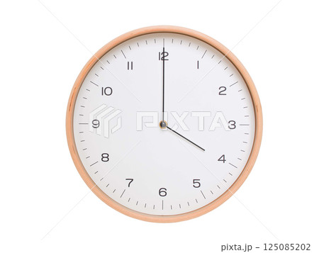 Minimal wall clock with light wood frame and white face displaying 04:00 or 16:00. Perfect for clean, modern concepts about time and scheduling. Minimal wall clock with light wood frame and white face displaying 04:00 or 16:00. Perfect for clean, modern concepts about time and scheduling. 125085202