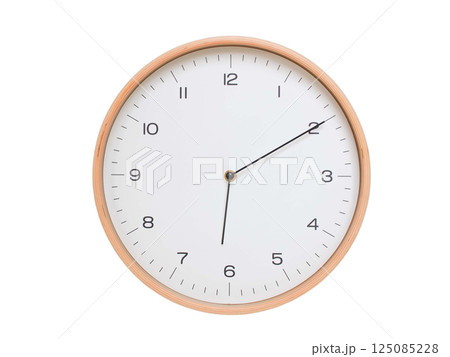 Minimal wall clock with light wood frame and white face displaying 06:10 or 18:10. Perfect for clean, modern concepts about time and scheduling. Minimal wall clock with light wood frame and white face displaying 06:10 or 18:10. Perfect for clean, modern concepts about time and scheduling. 125085228
