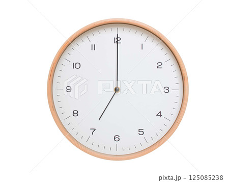 Minimal wall clock with light wood frame and white face displaying 07:00 or 19:00. Perfect for clean, modern concepts about time and scheduling. Minimal wall clock with light wood frame and white face displaying 07:00 or 19:00. Perfect for clean, modern concepts about time and scheduling. 125085238