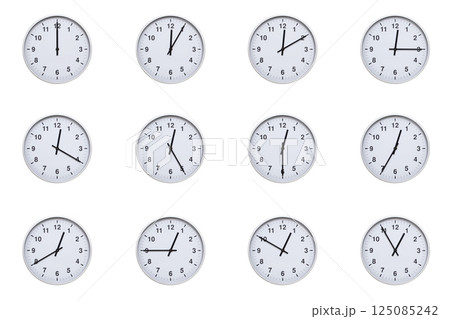 Set of wall clocks with silver frames and clean white faces, each displaying time at 5 minute intervals from 00:00 to 00:55 or 12:00 to 12:55. Ideal for visualizing concepts like time tracking, Set of wall clocks with silver frames and clean white faces, each displaying time at 5 minute intervals from 00:00 to 00:55 or 12:00 to 12:55. Ideal for visualizing concepts like time tracking, 125085242