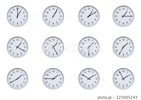 Set of wall clocks with silver frames and clean white faces, each displaying time at 5 minute intervals from 01:00 to 01:55 or 13:00 to 13:55. Ideal for visualizing concepts like time tracking, 125085243