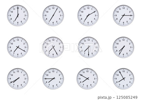 Set of wall clocks with silver frames and clean white faces, each displaying time at 5 minute intervals from 07:00 to 07:55 or 19:00 to 19:55. Ideal for visualizing concepts like time tracking, Set of wall clocks with silver frames and clean white faces, each displaying time at 5 minute intervals from 07:00 to 07:55 or 19:00 to 19:55. Ideal for visualizing concepts like time tracking, 125085249