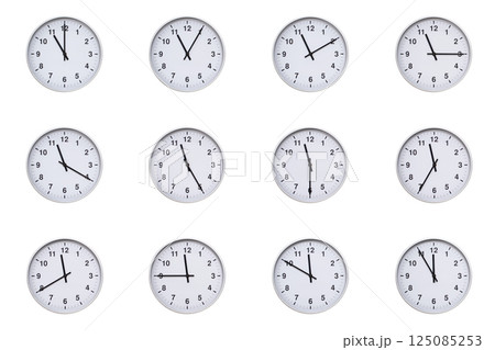 Set of wall clocks with silver frames and clean white faces, each displaying time at 5 minute intervals from 11:00 to 11:55 or 23:00 to 23:55. Ideal for visualizing concepts like time tracking, 125085253
