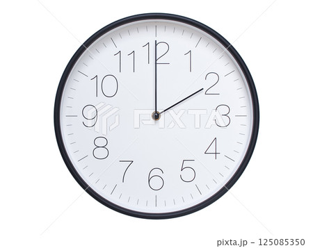 Simple wall clock with black frame and white face displaying 02:00 or 14:00. Ideal for time, schedule, and punctuality themes. 125085350