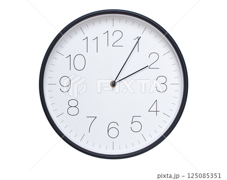 Simple wall clock with black frame and white face displaying 02:05 or 14:05. Ideal for time, schedule, and punctuality themes. Simple wall clock with black frame and white face displaying 02:05 or 14:05. Ideal for time, schedule, and punctuality themes. 125085351