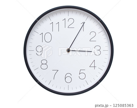 Simple wall clock with black frame and white face displaying 03:05 or 15:05. Ideal for time, schedule, and punctuality themes. Simple wall clock with black frame and white face displaying 03:05 or 15:05. Ideal for time, schedule, and punctuality themes. 125085363
