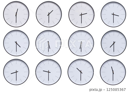 A set of 12 wall clocks with black frames and clean white faces, displaying a different time interval from 00:30 to 11:30 or 12:30 to 23:30. The modern and clean design makes this set ideal for themes 125085367