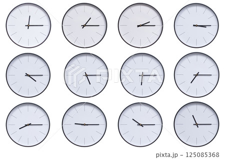 A set of 12 wall clocks with black frames and clean white faces, displaying a different time interval from 00:15 to 11:15 or 12:15 to 23:15. The modern and clean design makes this set ideal for themes 125085368