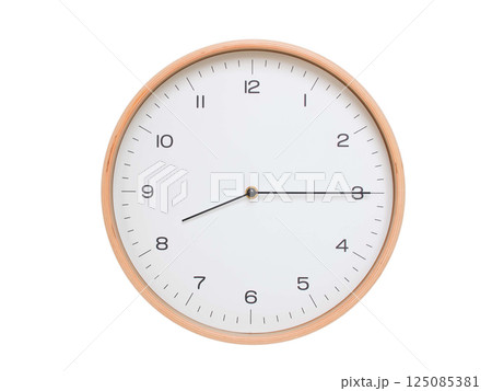 Minimal wall clock with light wood frame and white face displaying 08:15 or 20:15. Perfect for clean, modern concepts about time and scheduling. 125085381