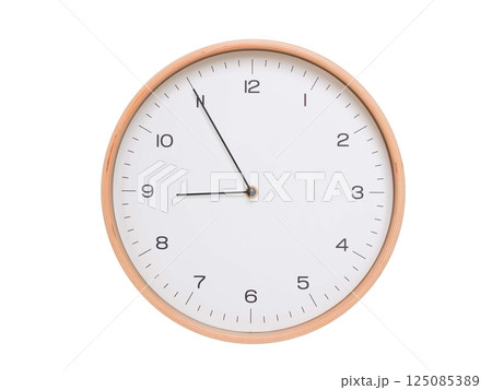 Minimal wall clock with light wood frame and white face displaying 08:55 or 20:55. Perfect for clean, modern concepts about time and scheduling. Minimal wall clock with light wood frame and white face displaying 08:55 or 20:55. Perfect for clean, modern concepts about time and scheduling. 125085389