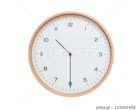 Minimal wall clock with light wood frame and white face displaying 10:30 or 22:30. Perfect for clean, modern concepts about time and scheduling. Minimal wall clock with light wood frame and white face displaying 10:30 or 22:30. Perfect for clean, modern concepts about time and scheduling. 125085408