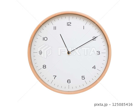 Minimal wall clock with light wood frame and white face displaying 11:10 or 23:10. Perfect for clean, modern concepts about time and scheduling. 125085416