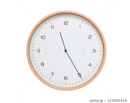 Minimal wall clock with light wood frame and white face displaying 11:25 or 23:25. Perfect for clean, modern concepts about time and scheduling. 125085419
