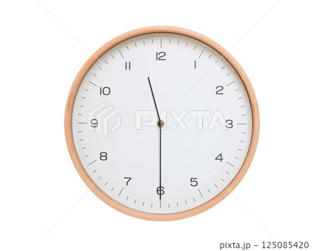 Minimal wall clock with light wood frame and white face displaying 11:30 or 23:30. Perfect for clean, modern concepts about time and scheduling. Minimal wall clock with light wood frame and white face displaying 11:30 or 23:30. Perfect for clean, modern concepts about time and scheduling. 125085420