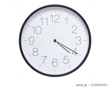 Simple wall clock with black frame and white face displaying 04:20 or 16:20. Ideal for time, schedule, and punctuality themes. Simple wall clock with black frame and white face displaying 04:20 or 16:20. Ideal for time, schedule, and punctuality themes. 125085455