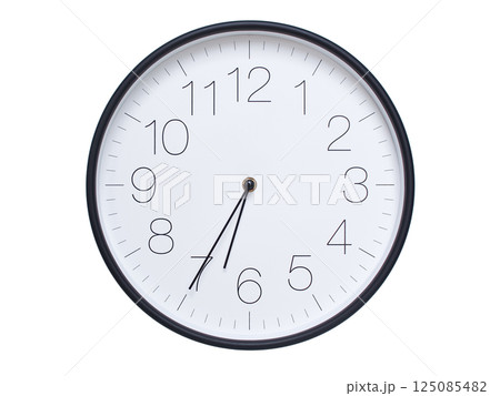Simple wall clock with black frame and white face displaying 06:35 or 18:35. Ideal for time, schedule, and punctuality themes. Simple wall clock with black frame and white face displaying 06:35 or 18:35. Ideal for time, schedule, and punctuality themes. 125085482