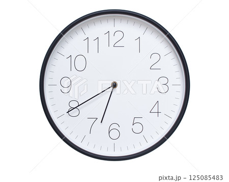Simple wall clock with black frame and white face displaying 06:40 or 18:40. Ideal for time, schedule, and punctuality themes. Simple wall clock with black frame and white face displaying 06:40 or 18:40. Ideal for time, schedule, and punctuality themes. 125085483