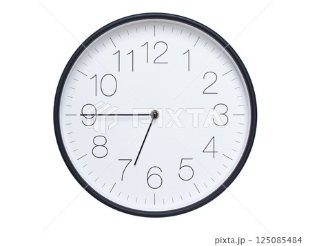 Simple wall clock with black frame and white face displaying 06:45 or 18:45. Ideal for time, schedule, and punctuality themes. Simple wall clock with black frame and white face displaying 06:45 or 18:45. Ideal for time, schedule, and punctuality themes. 125085484