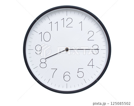 Simple wall clock with black frame and white face displaying 08:15 or 20:15. Ideal for time, schedule, and punctuality themes. Simple wall clock with black frame and white face displaying 08:15 or 20:15. Ideal for time, schedule, and punctuality themes. 125085502