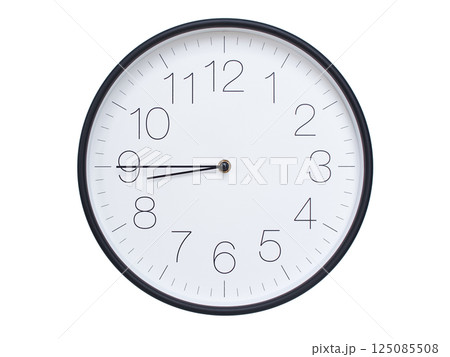 Simple wall clock with black frame and white face displaying 08:45 or 20:45. Ideal for time, schedule, and punctuality themes. Simple wall clock with black frame and white face displaying 08:45 or 20:45. Ideal for time, schedule, and punctuality themes. 125085508