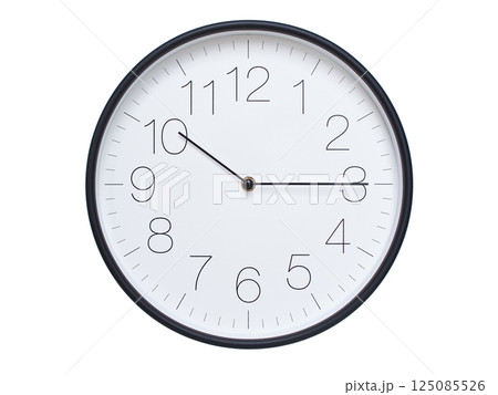 Simple wall clock with black frame and white face displaying 10:15 or 22:15. Ideal for time, schedule, and punctuality themes. 125085526