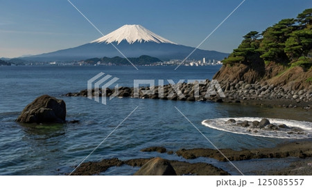 タコのまなざしで見上げた江の島と、ゆらめく水面越しの富士山に、今日という奇跡を感じる海底からの風景画 タコのまなざしで見上げた江の島と、ゆらめく水面越しの富士山に、今日という奇跡を感じる海底からの風景画 125085557