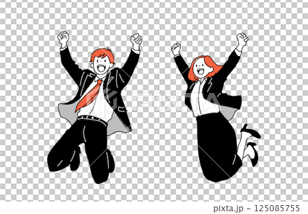 ジャンプして喜ぶスーツ男女 125085755