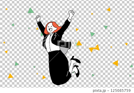 ジャンプして喜ぶスーツ女性　紙吹雪 125085759