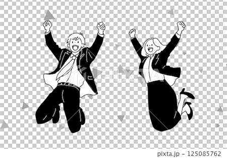 穿著西裝的男人和女人高興地跳起來，五彩紙屑 125085762