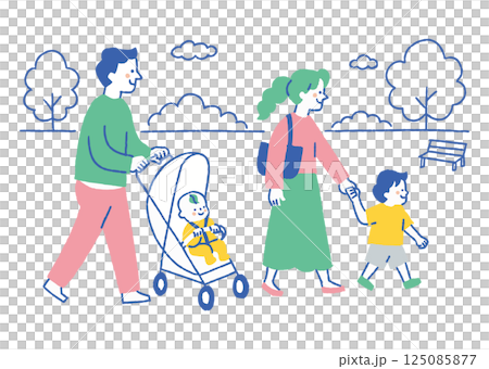 一家四口在公園散步_顏色 125085877