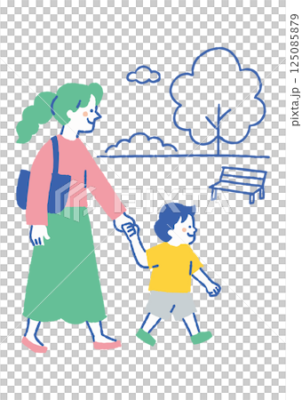 Mother walking in the park holding hands with her son_color 125085879