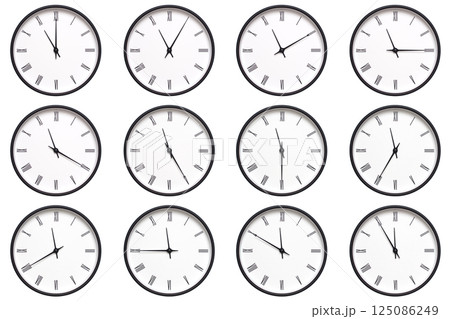 A set of 12 wall clocks with black frames and Roman numerals, each displaying a different time from 11:00 to 11:55 or 23:00 to 23:55. ideal for timekeeping, schedule management, and daily routines. A set of 12 wall clocks with black frames and Roman numerals, each displaying a different time from 11:00 to 11:55 or 23:00 to 23:55. ideal for timekeeping, schedule management, and daily routines. 125086249