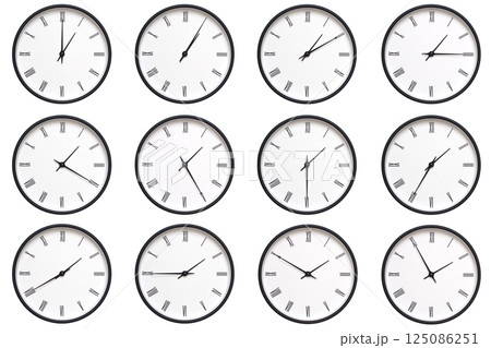 A set of 12 wall clocks with black frames and Roman numerals, each displaying a different time from 01:00 to 01:55 or 13:00 to 13:55. ideal for timekeeping, schedule management, and daily routines. A set of 12 wall clocks with black frames and Roman numerals, each displaying a different time from 01:00 to 01:55 or 13:00 to 13:55. ideal for timekeeping, schedule management, and daily routines. 125086251