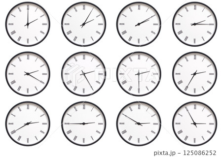 A set of 12 wall clocks with black frames and Roman numerals, each displaying a different time from 02:00 to 02:55 or 14:00 to 14:55. ideal for timekeeping, schedule management, and daily routines. A set of 12 wall clocks with black frames and Roman numerals, each displaying a different time from 02:00 to 02:55 or 14:00 to 14:55. ideal for timekeeping, schedule management, and daily routines. 125086252