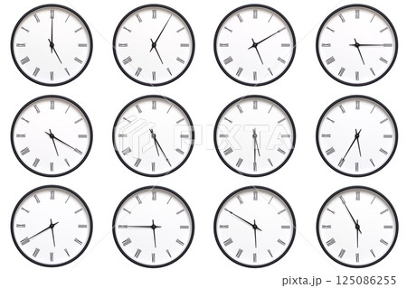 A set of 12 wall clocks with black frames and Roman numerals, each displaying a different time from 05:00 to 05:55 or 17:00 to 17:55. ideal for timekeeping, schedule management, and daily routines. 125086255