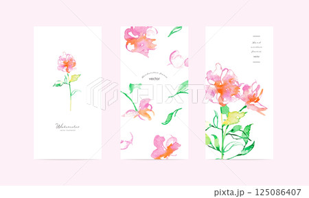 水彩画。水彩タッチのベクターピンクの花イラスト。草木のベクターイラスト。花の切り取りセット。 125086407