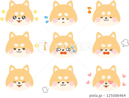 茶色の柴犬の顔アイコン　コミカル表情セット　線なし 125086464