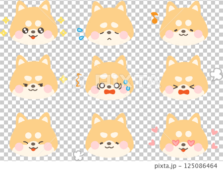 茶色の柴犬の顔アイコン　コミカル表情セット　線なし 125086464