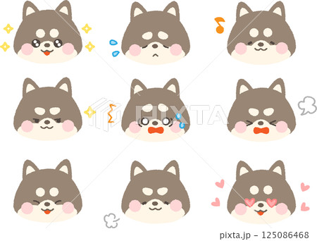 黒色の柴犬の顔アイコン　コミカル表情セット　線なし 125086468
