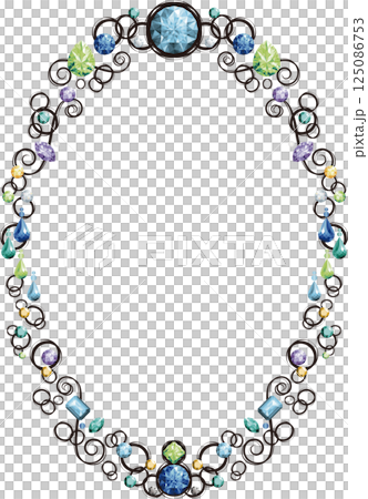 Vertical oval frame decorated with jewels (cool colors, black lines) Vertical oval frame decorated with jewels (cool colors, black lines) 125086753