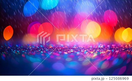 カラフルな雨と光の玉ボケが美しい幻想的な背景 カラフルな雨と光の玉ボケが美しい幻想的な背景 125086969