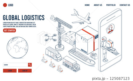 Global logistics Landing page with Warehouse Technology, Autonomous robot, Transportation operation service, Export, Import, Cargo, Air, Road, Maritime. Vector illustration eps10 125087123