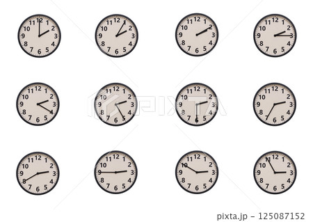 A set of 12 retro-modern aesthetic round wall clocks with black frames and Arabic numerals, each displaying a different time from 02:00 to 02:55 or 14:00 to 14:55. perfect for time management, A set of 12 retro-modern aesthetic round wall clocks with black frames and Arabic numerals, each displaying a different time from 02:00 to 02:55 or 14:00 to 14:55. perfect for time management, 125087152