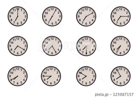 A set of 12 retro-modern aesthetic round wall clocks with black frames and Arabic numerals, each displaying a different time from 07:00 to 07:55 or 19:00 to 19:55. perfect for time management, 125087157