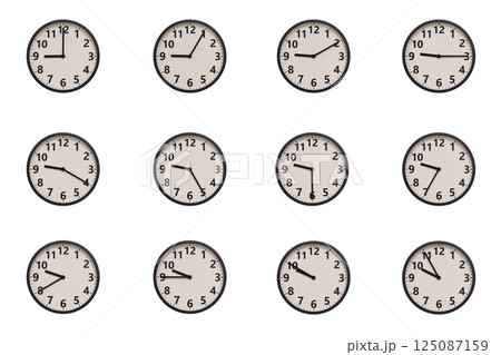 A set of 12 retro-modern aesthetic round wall clocks with black frames and Arabic numerals, each displaying a different time from 09:00 to 09:55 or 21:00 to 21:55. perfect for time management, 125087159
