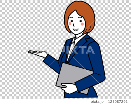 ファイルを持ち、こちらと指し示すスーツの女性 125087291