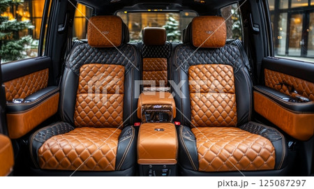Luxurious Interior of SUV with Plush Cushions and Elegant Wood Finishes 125087297