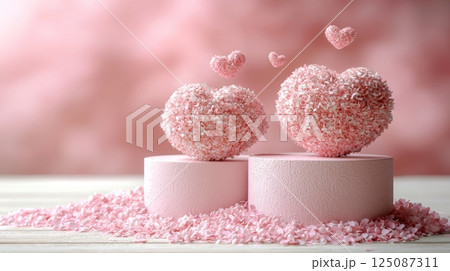 Soft Pink Romantic Hearts on Podium with Gradient Background for Peaceful Atmosphere 125087311
