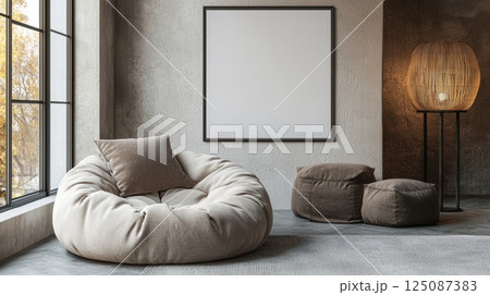 Minimalist Interior Design with Large Blank Poster and Cozy Seating Arrangement 125087383